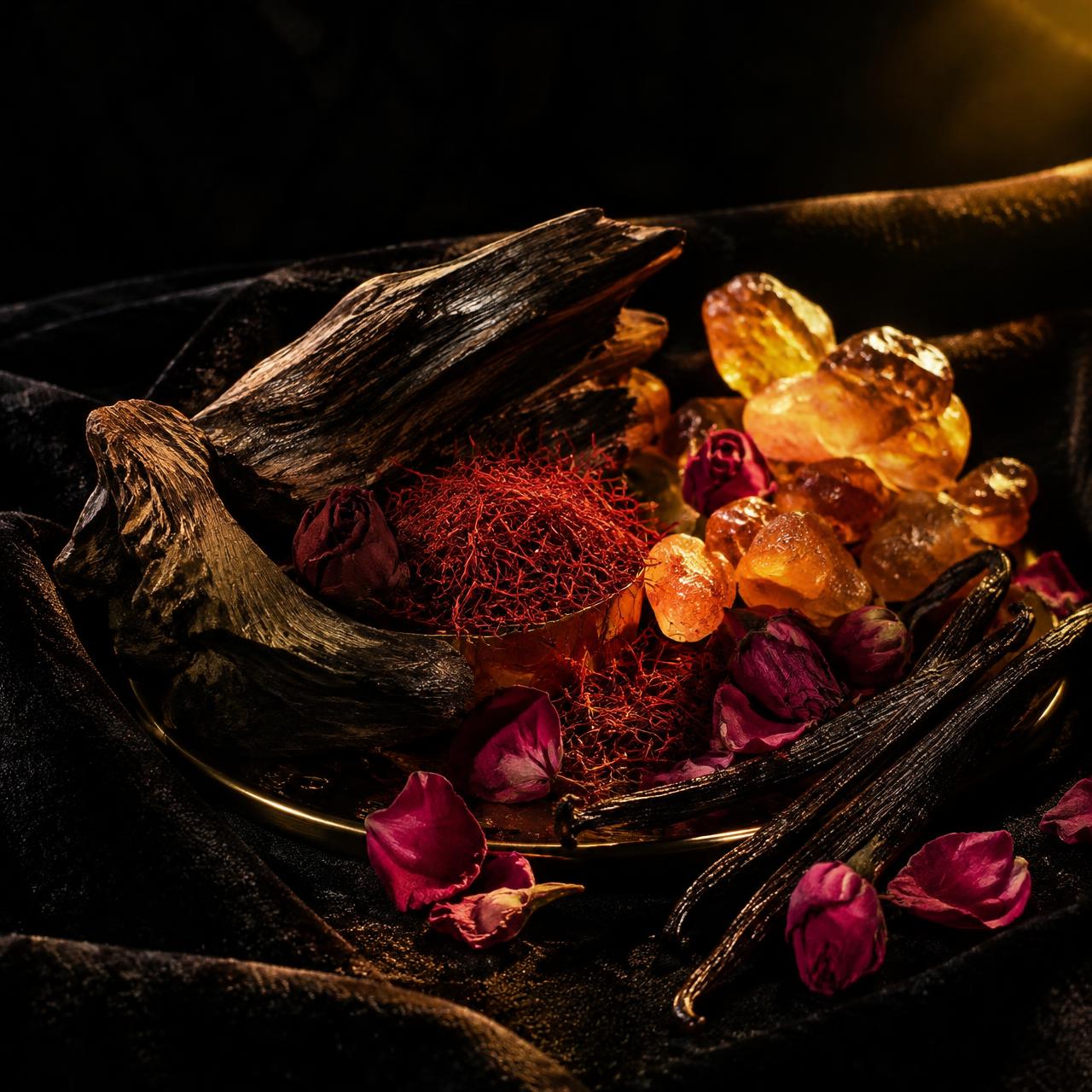 Oud, açafrão, âmbar e rosas